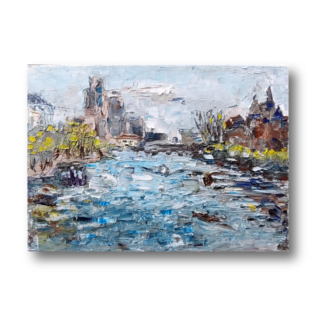Origineel schilderij Amsterdam Amstel. Olie op doek. 18x24, Huis en Inrichting, Woonaccessoires | Schilderijen, Tekeningen en Foto's