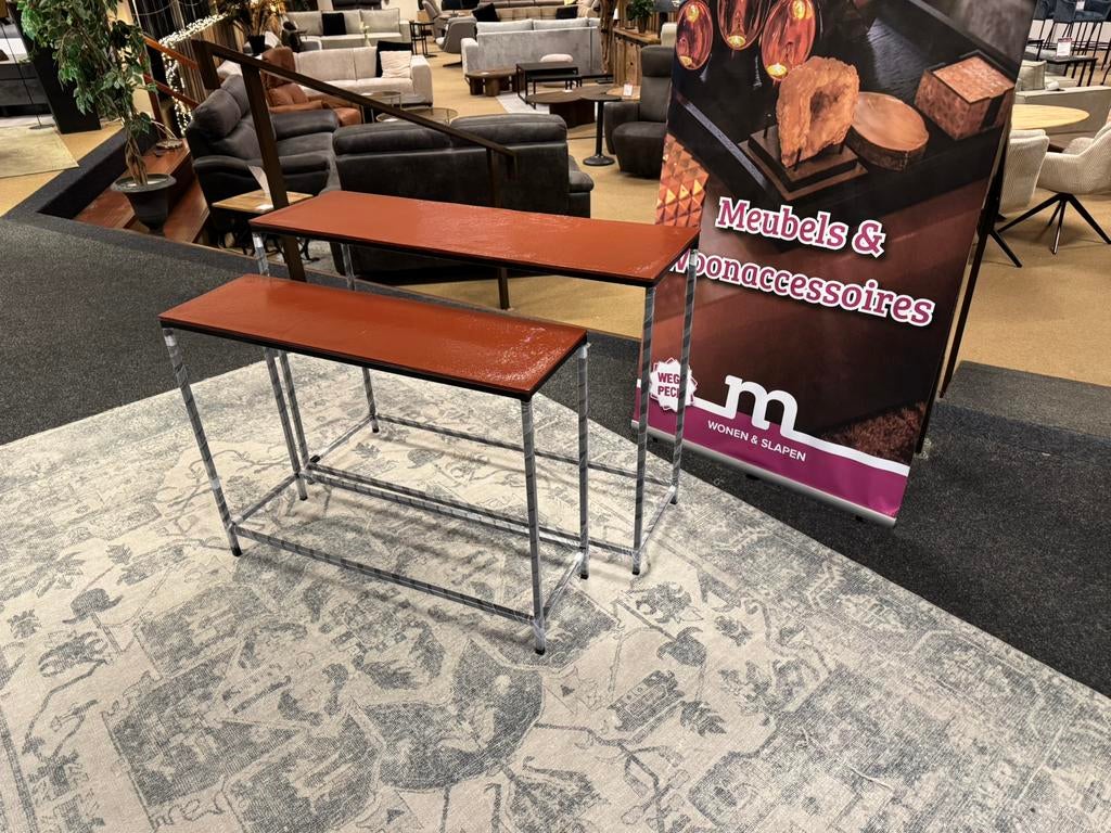 Sidetable metaal 2-delig €189,- Roest Bruin Direct leverbaar, Huis en Inrichting, Ophalen, 50 tot 100 cm, #Sidetable#2-Delig#Metaal#Roest Bruin#Salontafels