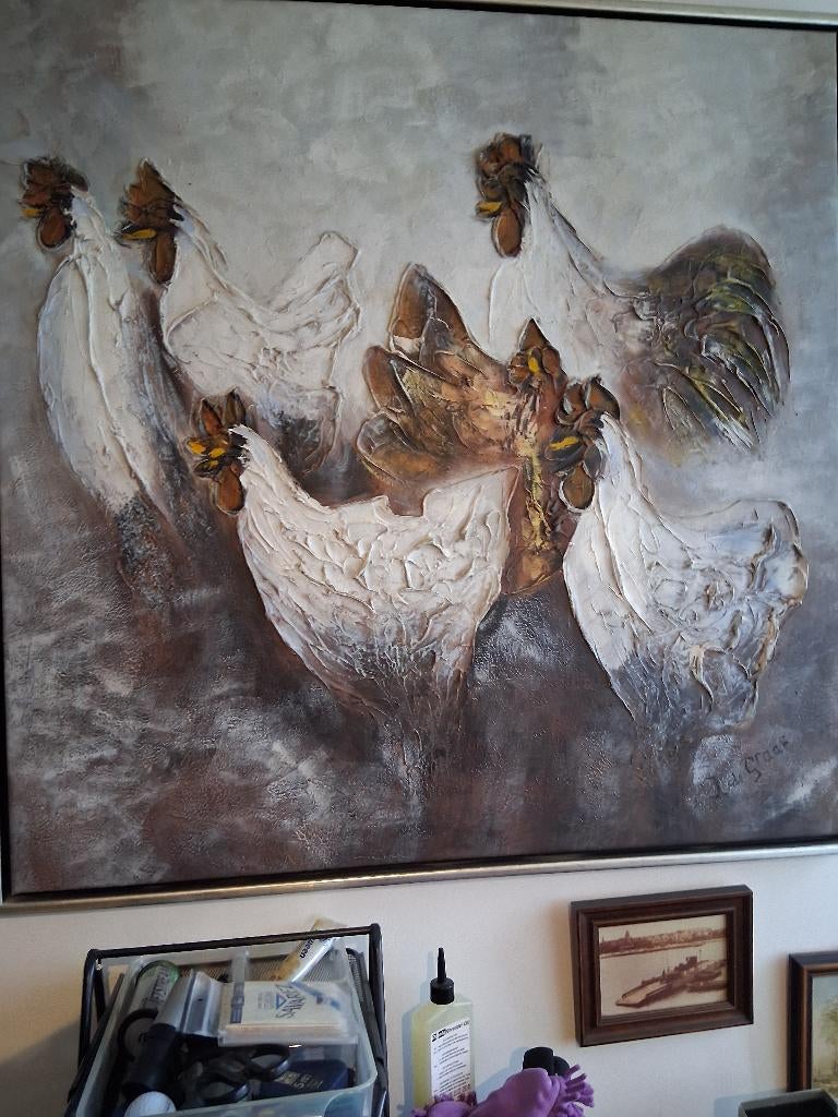 Schilderij ' Kippen ', olieverf, Huis en Inrichting, Woonaccessoires | Schilderijen, Tekeningen en Foto's, Ophalen, Oorspronkelijke maker