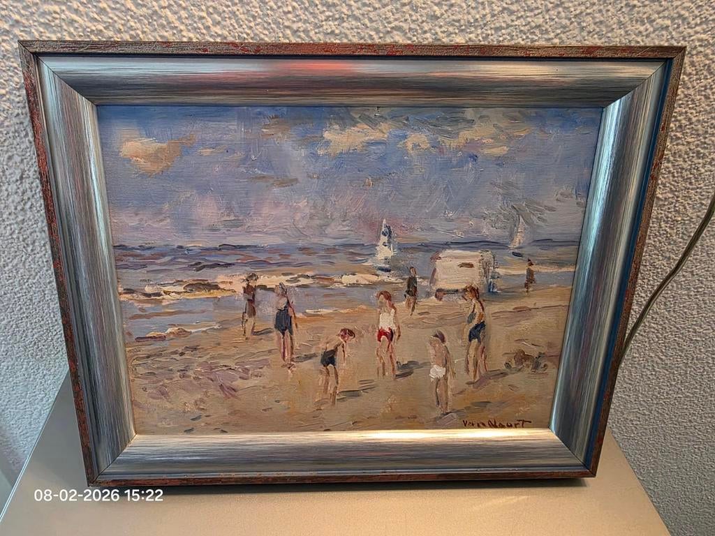 Schilderij van strandtafereel met kinderen, Antiek en Kunst, Ophalen of Verzenden