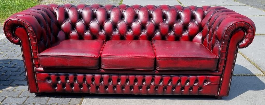 Chesterfield bank Engels antiek rood + BEZORGING GRATIS, Chesterfield, Ophalen of Verzenden, Zo goed als nieuw, Rechte bank