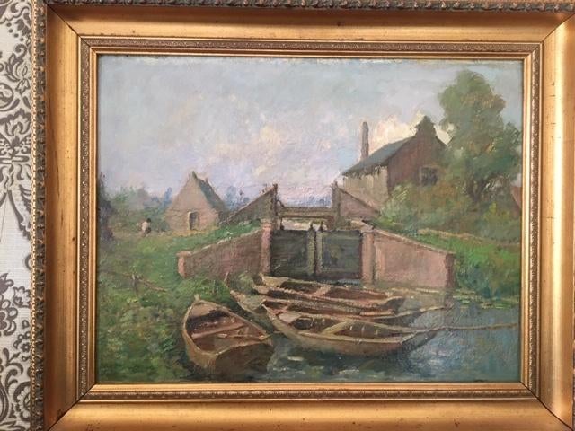 Bootjes bij de Helsluis, Biesbosch, oud schilderstuk, Ophalen of Verzenden