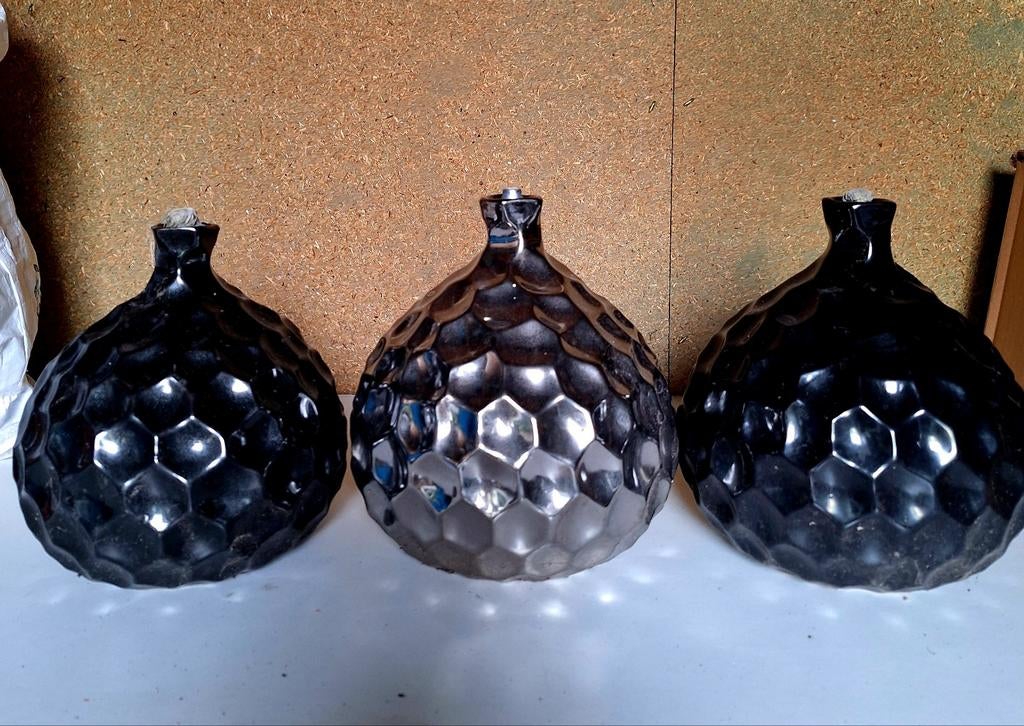 Eric Kuster stijl Olielampen 3x zwart zilver doorsnee 20cm, Zwart, Ophalen of Verzenden, Zo goed als nieuw, Kaars