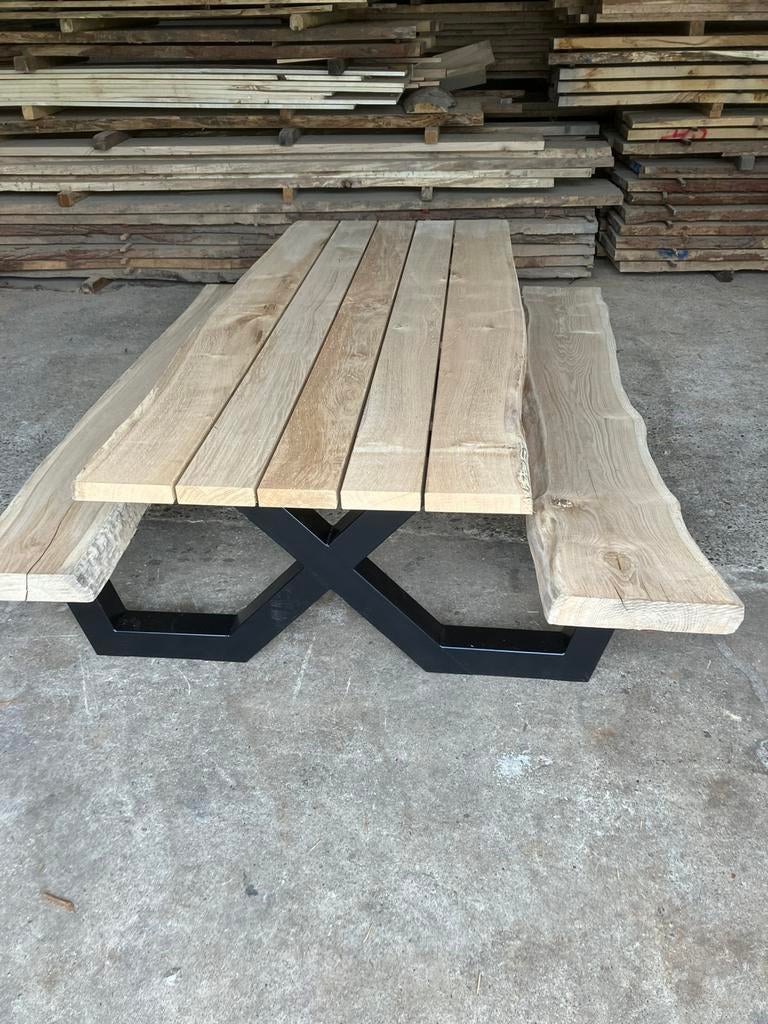 Eiken picknicktafel 200 x 100 cm 5 dik en totaal 180 breed, Ophalen, Nieuw, Rond
