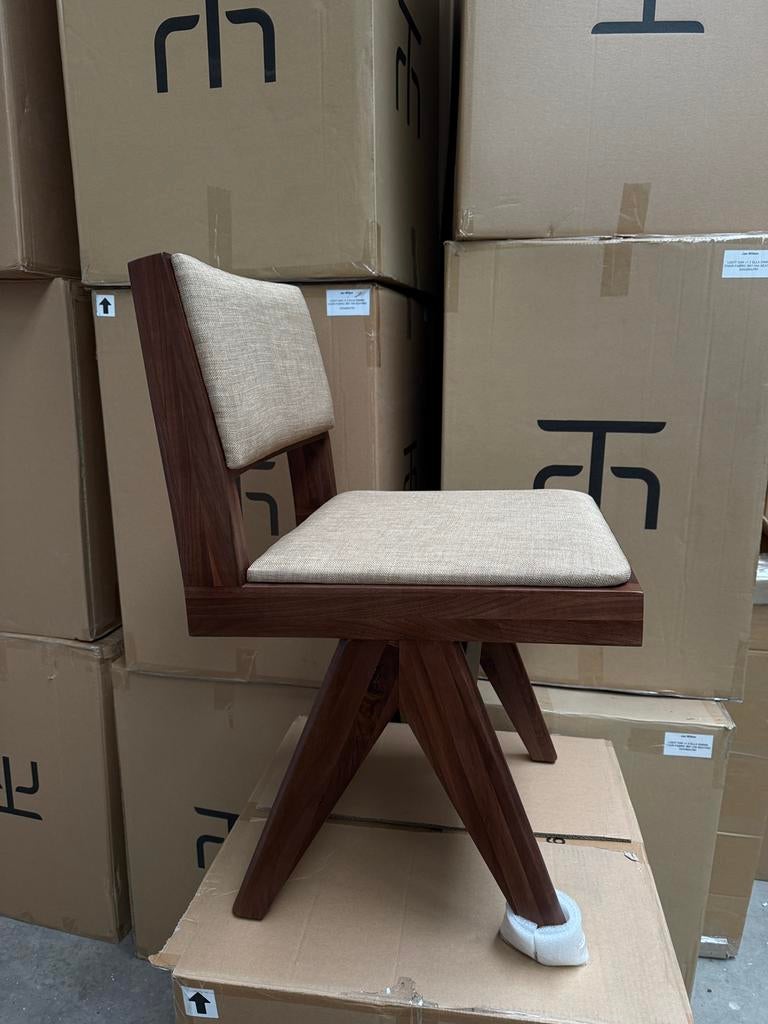 Walnoothouten design stoel - pierre jeanneret met stof, Huis en Inrichting, Ophalen of Verzenden, Nieuw, Overige materialen