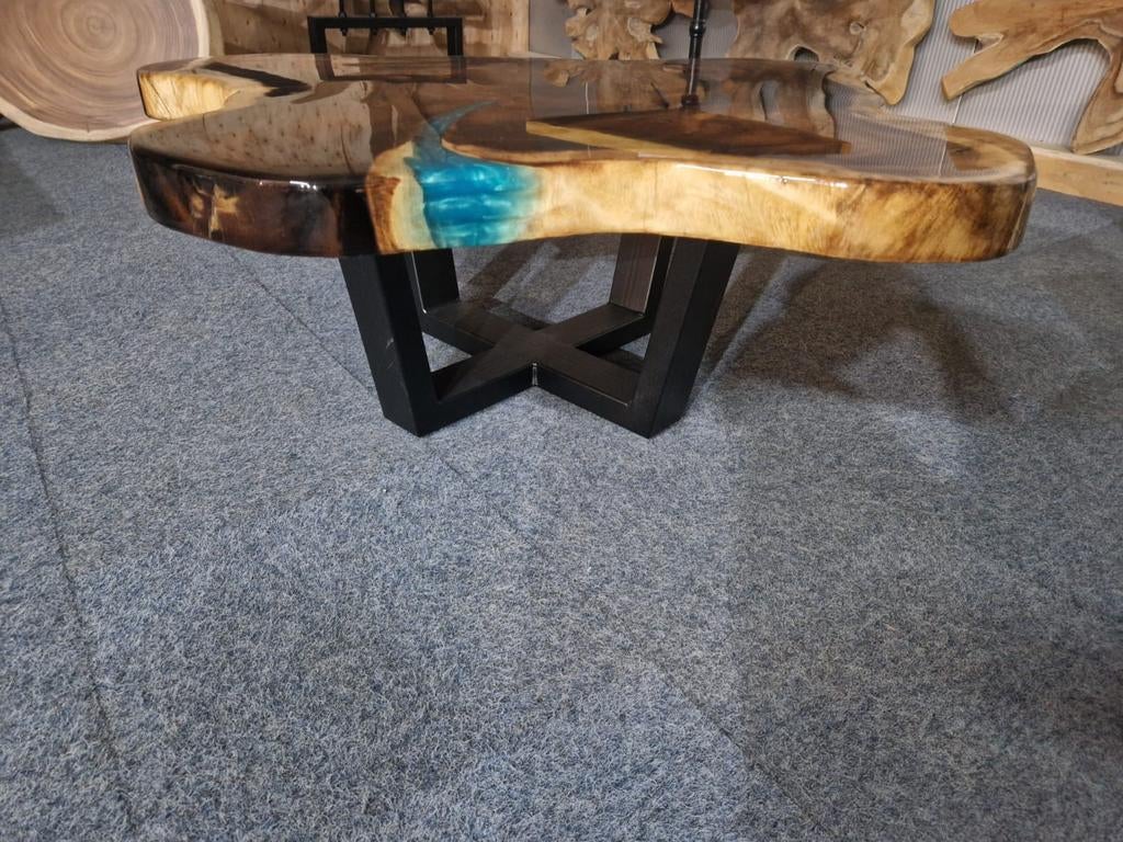 suar salontafel met epoxy turquoise 110 cm met epoxy toplaag, Industrieel suar interieur, Info@industrieel-suar-interieur.nl, Rond