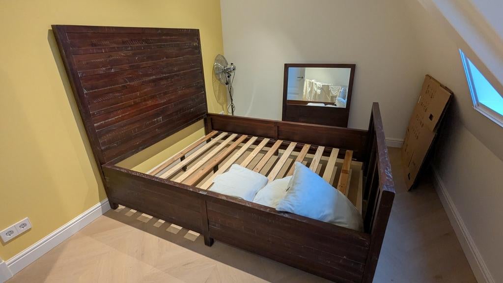 Teakhouten bedframe voor boxspring/queen size, Ophalen, Bruin, Tweepersoons, Zo goed als nieuw