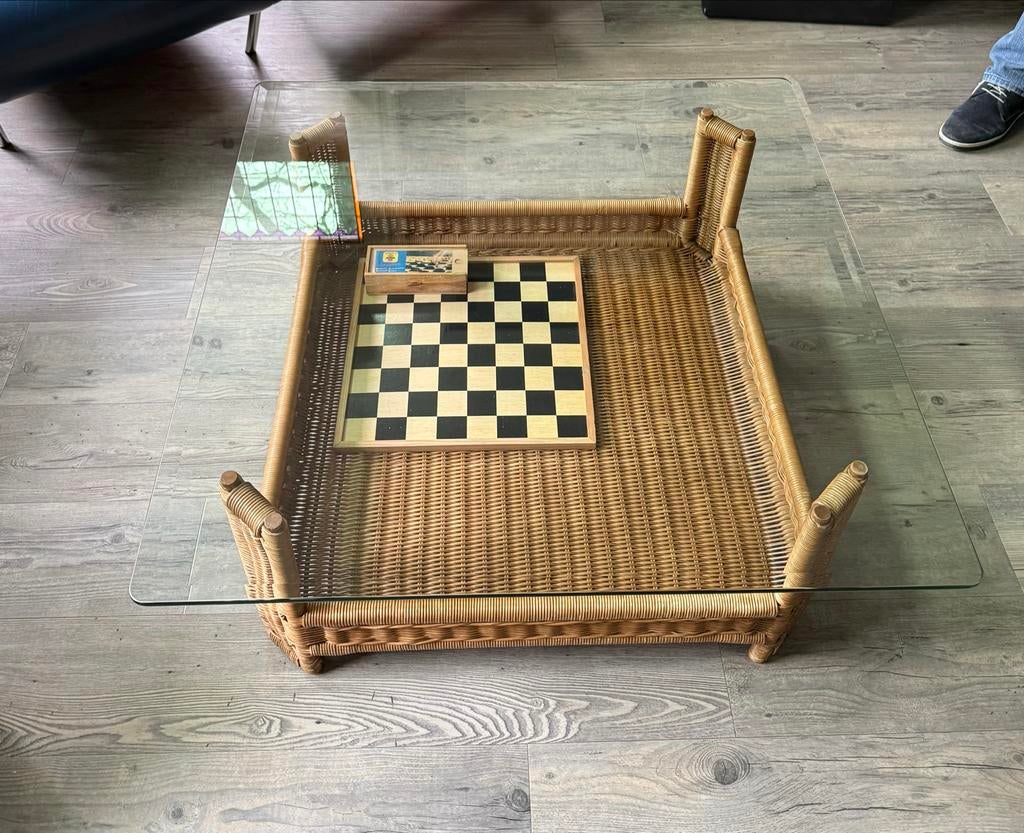 Vintage Rotan Salontafel met Glazen Blad - 90x90 cm, Huis en Inrichting, Tafels | Salontafels, Ophalen, Gebruikt, Vierkant, 50 tot 100 cm