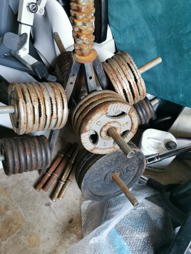 95KG Halterschijven 53 stuks 30mm Stang 4 Dumbells, Sport en Fitness, Fitnessmaterialen, Ophalen, Gebruikt, Benen, Halterschijven