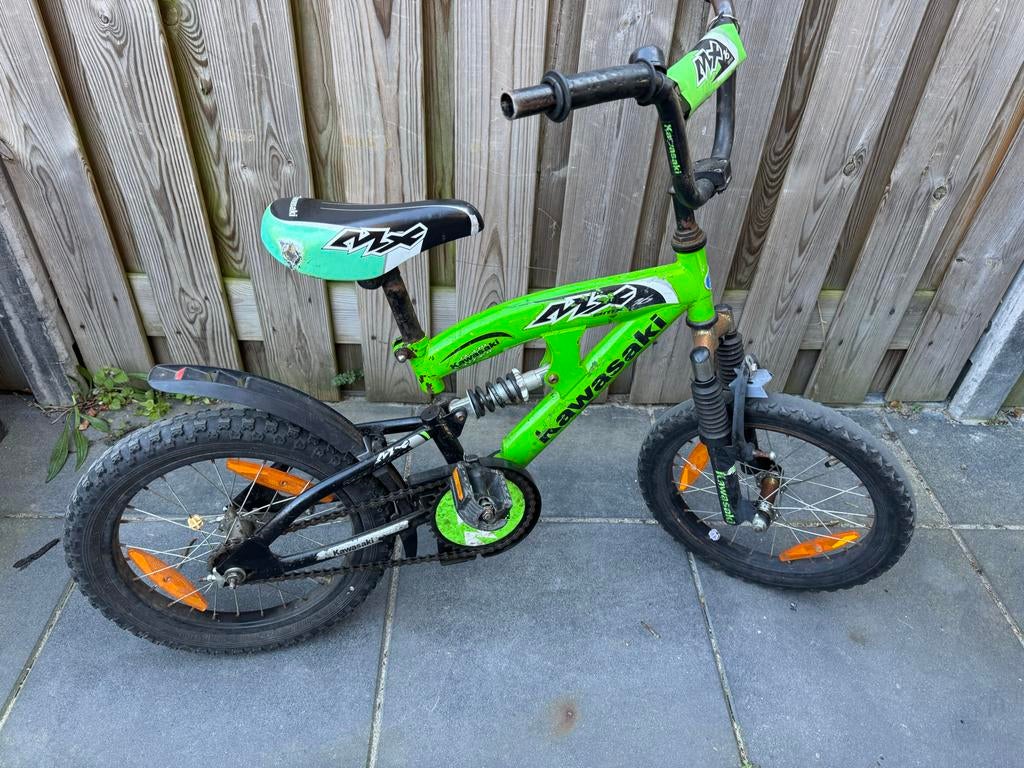 Kawasaki kinderfiets 16 inch - Groen, Ophalen of Verzenden, Gebruikt, Terugtraprem, 16 tot 20 inch