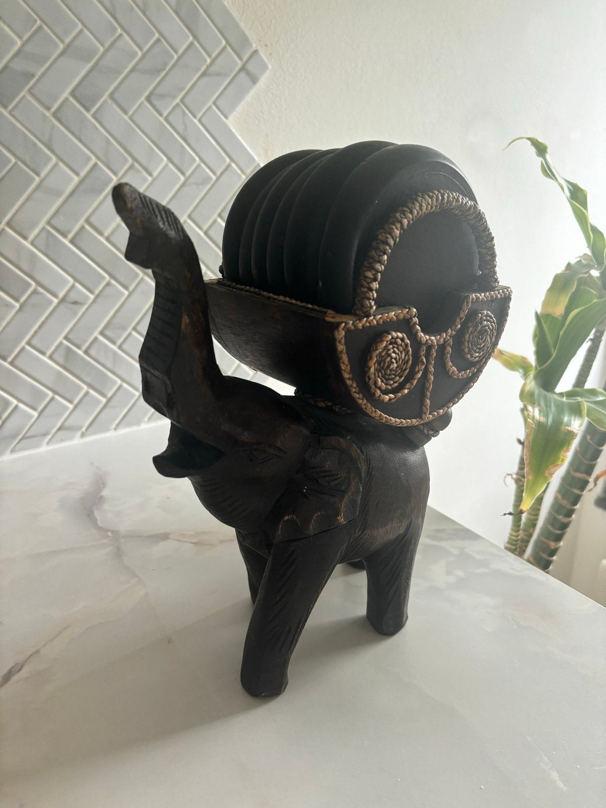 Houten onderzetters met olifant houder - Thailand, Hout, Gebruikt, Glasonderzetter, Handgemaakt