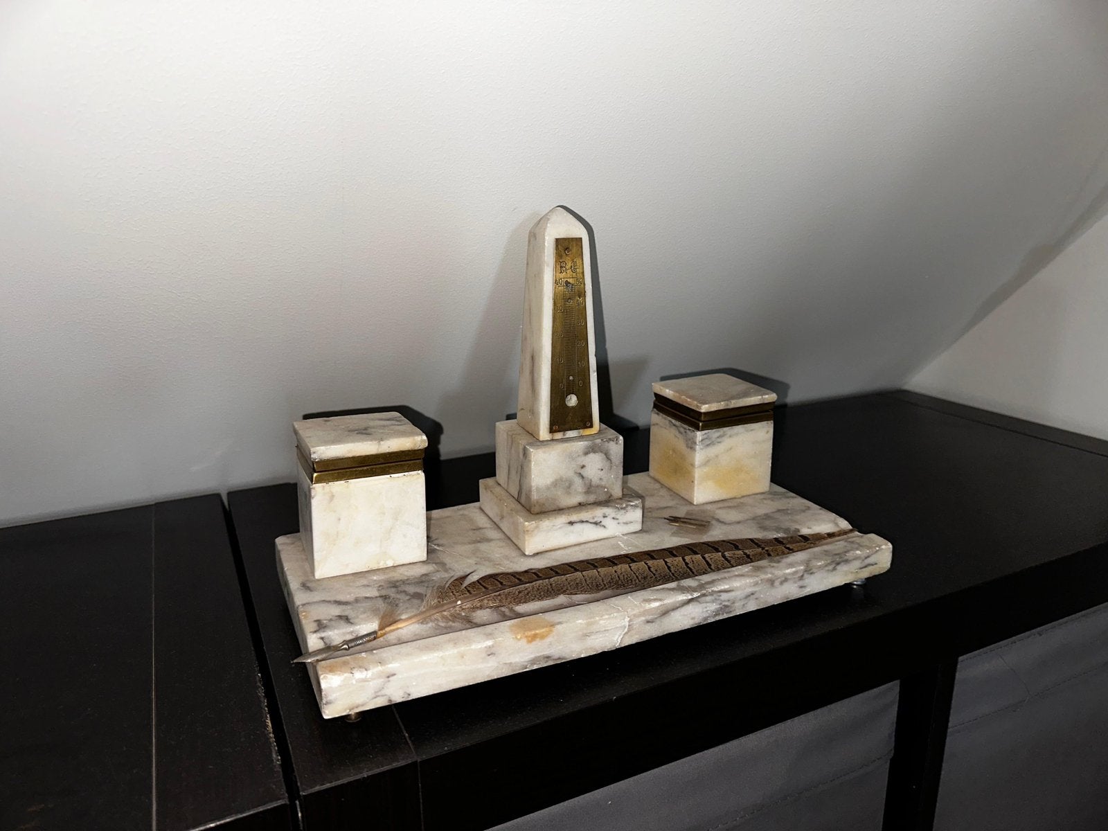 Antieke marmeren bureauset / inktstel met thermometer, Ophalen