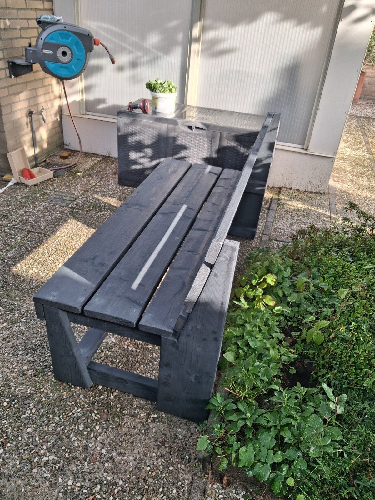 Robuuste houten tuinbank - Grijs gebeitst, Ophalen, Gebruikt, Hout