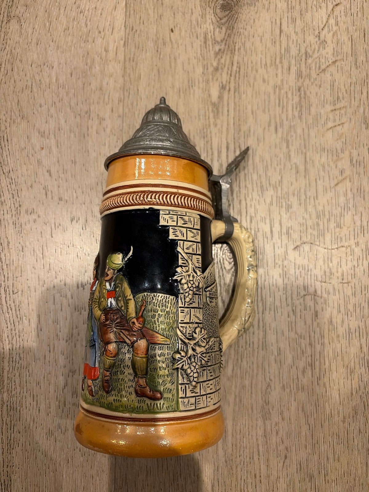 Vintage Duitse Bierpul met Tinnen Deksel - Handgeschilderd, Antiek en Kunst, Ophalen of Verzenden