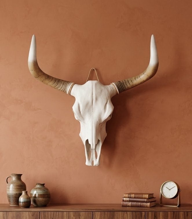 Decoratieve schedel met hoorns - 75cm breed, Huis en Inrichting, Ophalen, Vintage, Gebruikt, Overige materialen