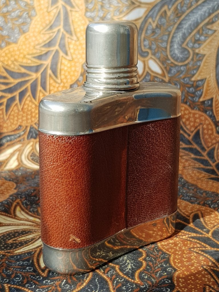 Mooie complete oude Engelse zakfles van glas en leder 12 cm., Antiek en Kunst, Ophalen of Verzenden