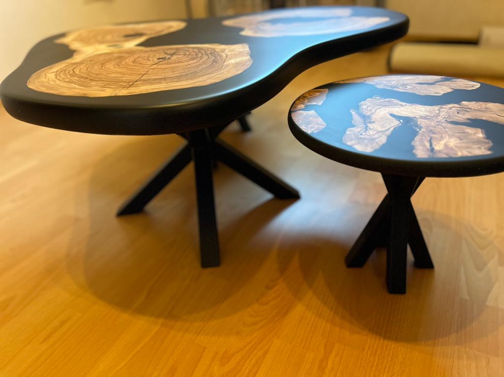 Unieke Epoxy Olijfhout Salontafel Set - Handgemaakt Design, Huis en Inrichting, Tafels | Salontafels, Ophalen, 100 tot 150 cm