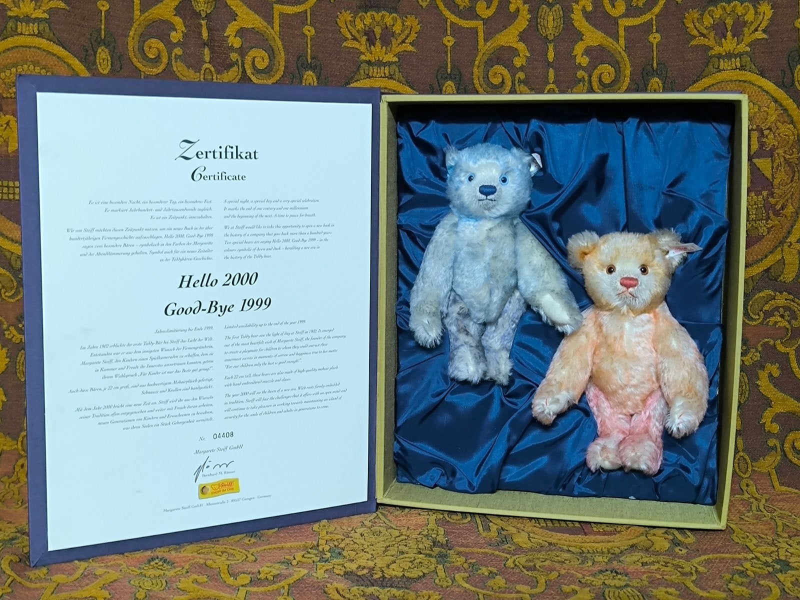 Steiff Limited Edition Hello 2000 Good-Bye 1999 Teddyberen, Met label, Beer, Blauw, Ophalen of Verzenden