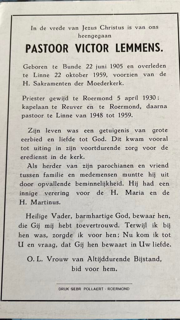 Pastoor Victor Lemmens 1905 Bunde (L), Ophalen of Verzenden
