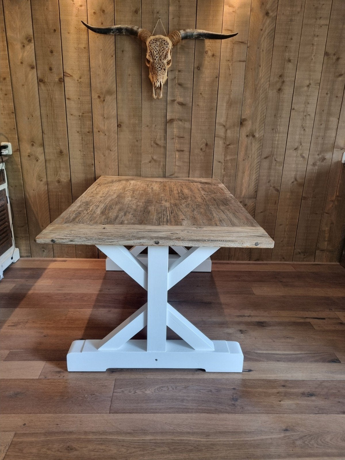 Landelijke Brocante Eettafel en Salontafel € 449.-, Ophalen of Verzenden, Zo goed als nieuw, 4 tot 6 stoelen
