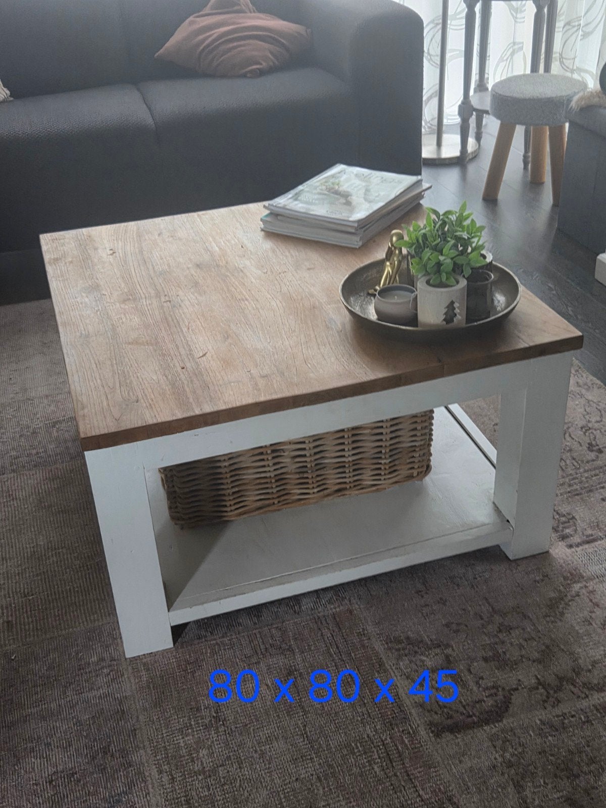 Salontafel teak hout met wit onderstel - 80x80x45 cm, Ophalen, Gebruikt, 50 tot 100 cm, 50 tot 100 cm