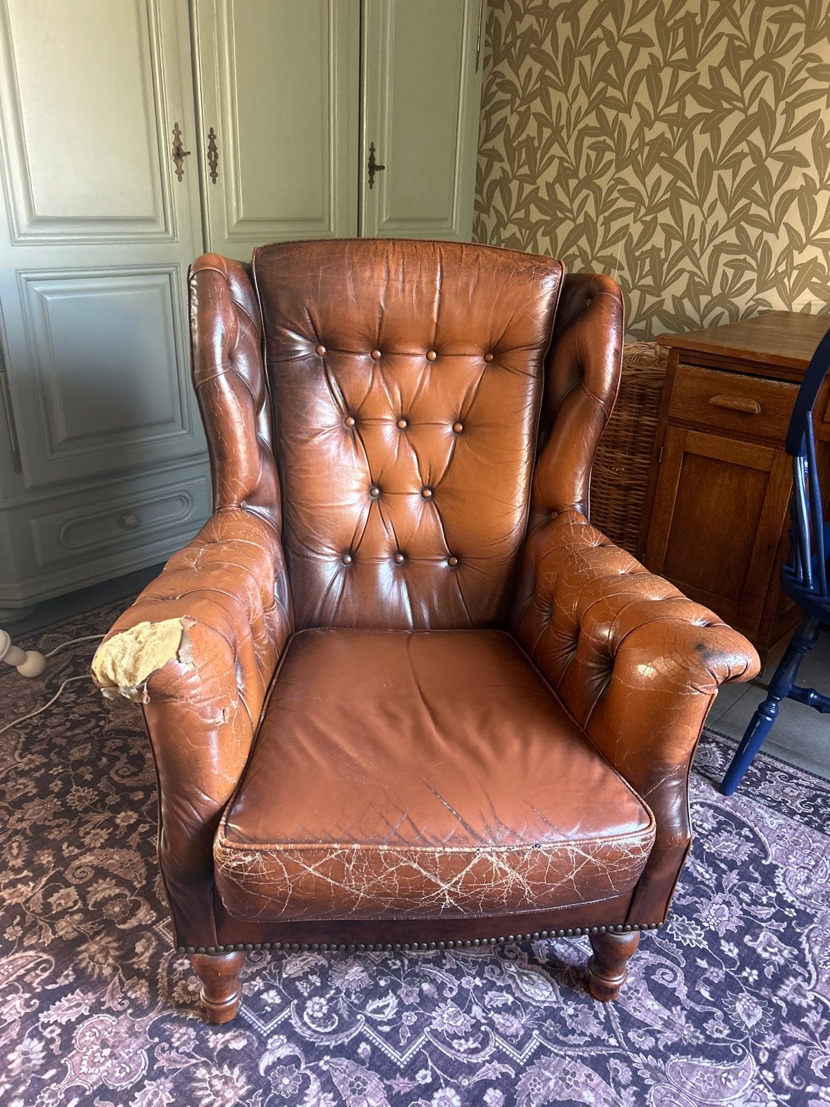 Vintage Leren Fauteuil - Opknapper, Huis en Inrichting, Ophalen, Gebruikt, Leer, 75 tot 100 cm
