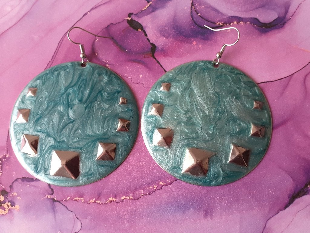 oorbellen schijfjes punk studs blauwe marmer look, Overige materialen, Hangers, Blauw, Nieuw