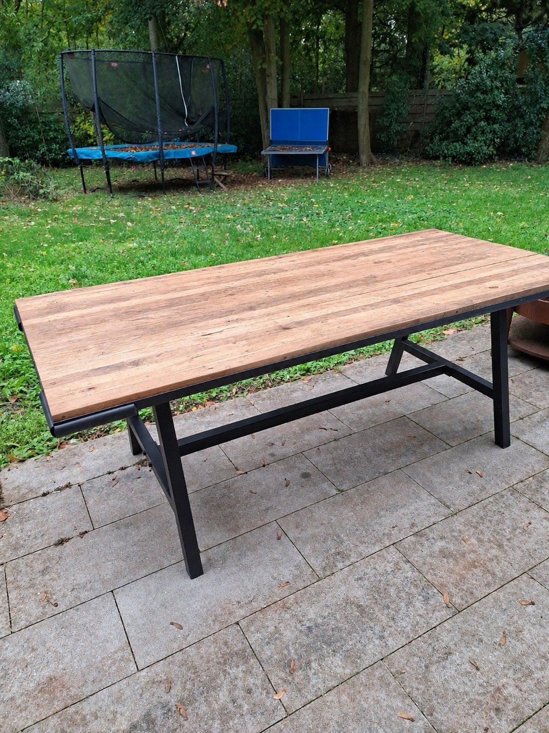Eiken tafel 200x90cm met zwart stalen frame, Ophalen of Verzenden, Gebruikt, Rechthoekig, Hout