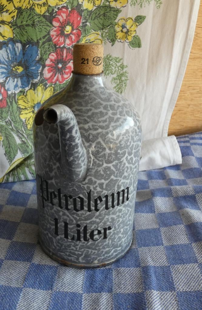 oude emaille kan/ grijsgewolkt email Petroleumkan/ oliekan, Antiek en Kunst, Antiek | Emaille, Ophalen of Verzenden