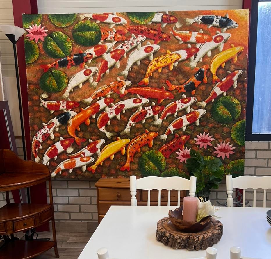 Groot reliëf schilderij koi karpers 146x197 cm, Ophalen of Verzenden