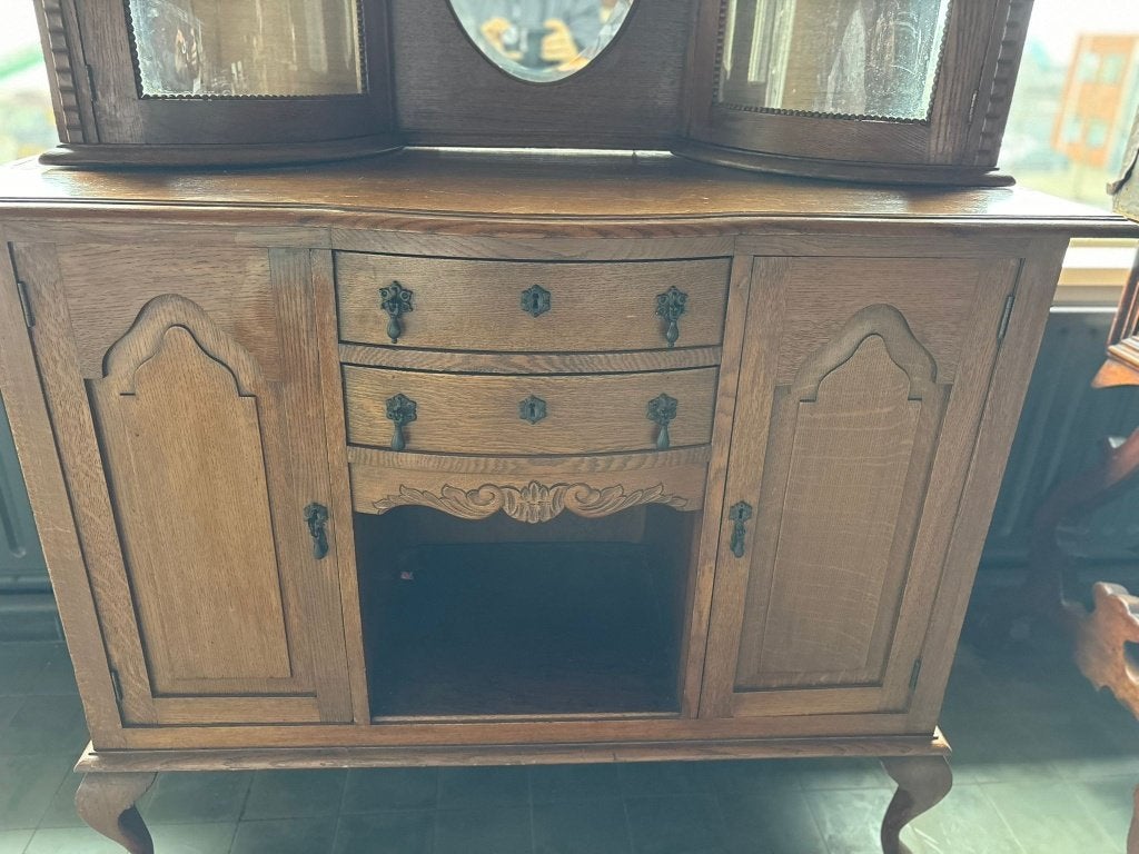 ANTIEK EIKEN DRESSOIR MET ART DECO GLAS & SPIEGEL, Ophalen