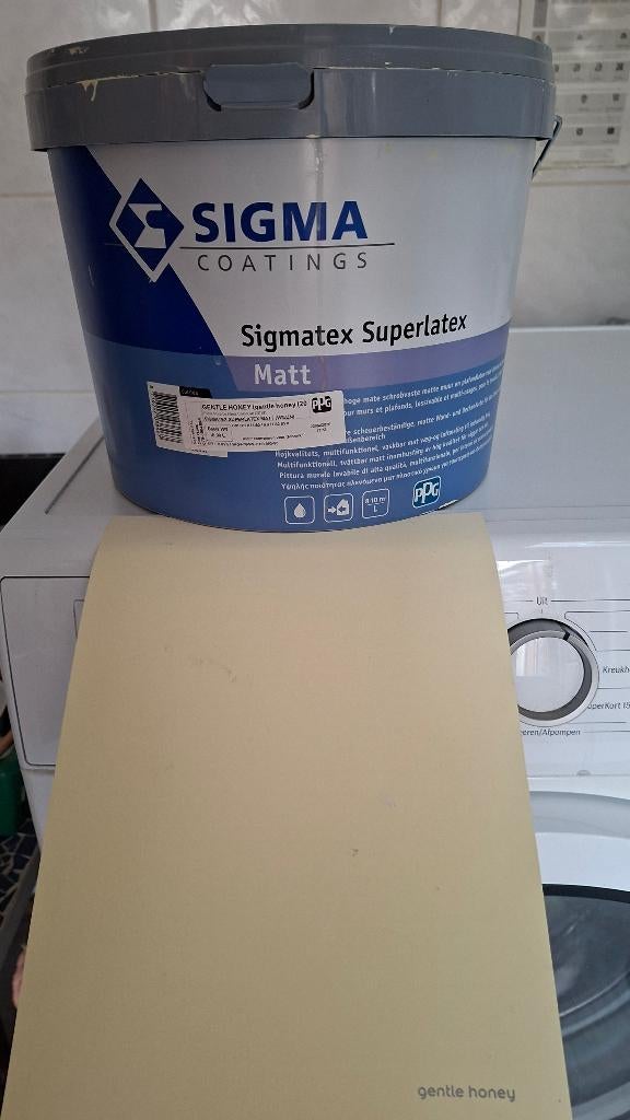 7 liter muurverf, merk sigma, kleur gentle honey, Ophalen, 5 tot 10 liter, Geel, Verf