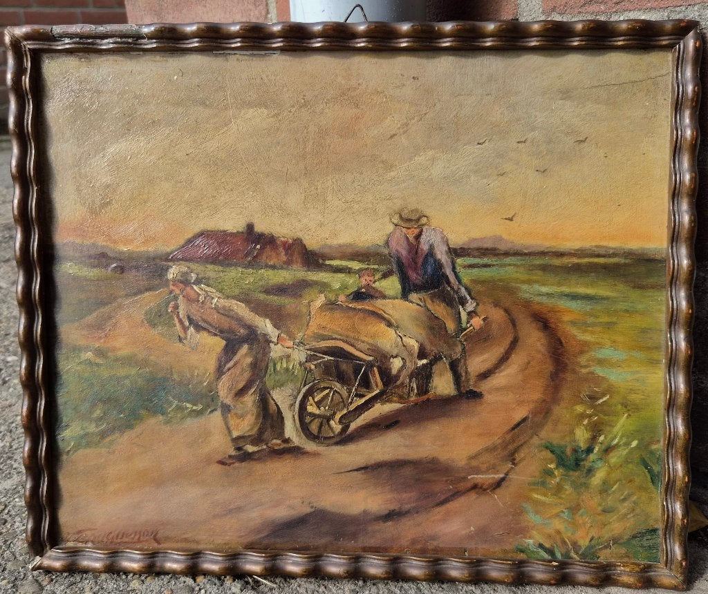 Boerenfamilie op weg ~1870 olieverf,  Belgische School?, Paneel, Gesigneerd, Expressionistisch, Ophalen of Verzenden