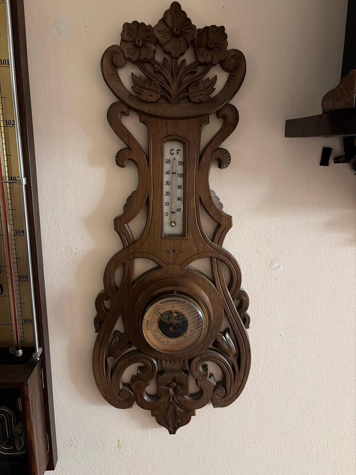 Antieke Barometer en Thermometer in Houten Carving, Ophalen, Gebruikt, Barometer