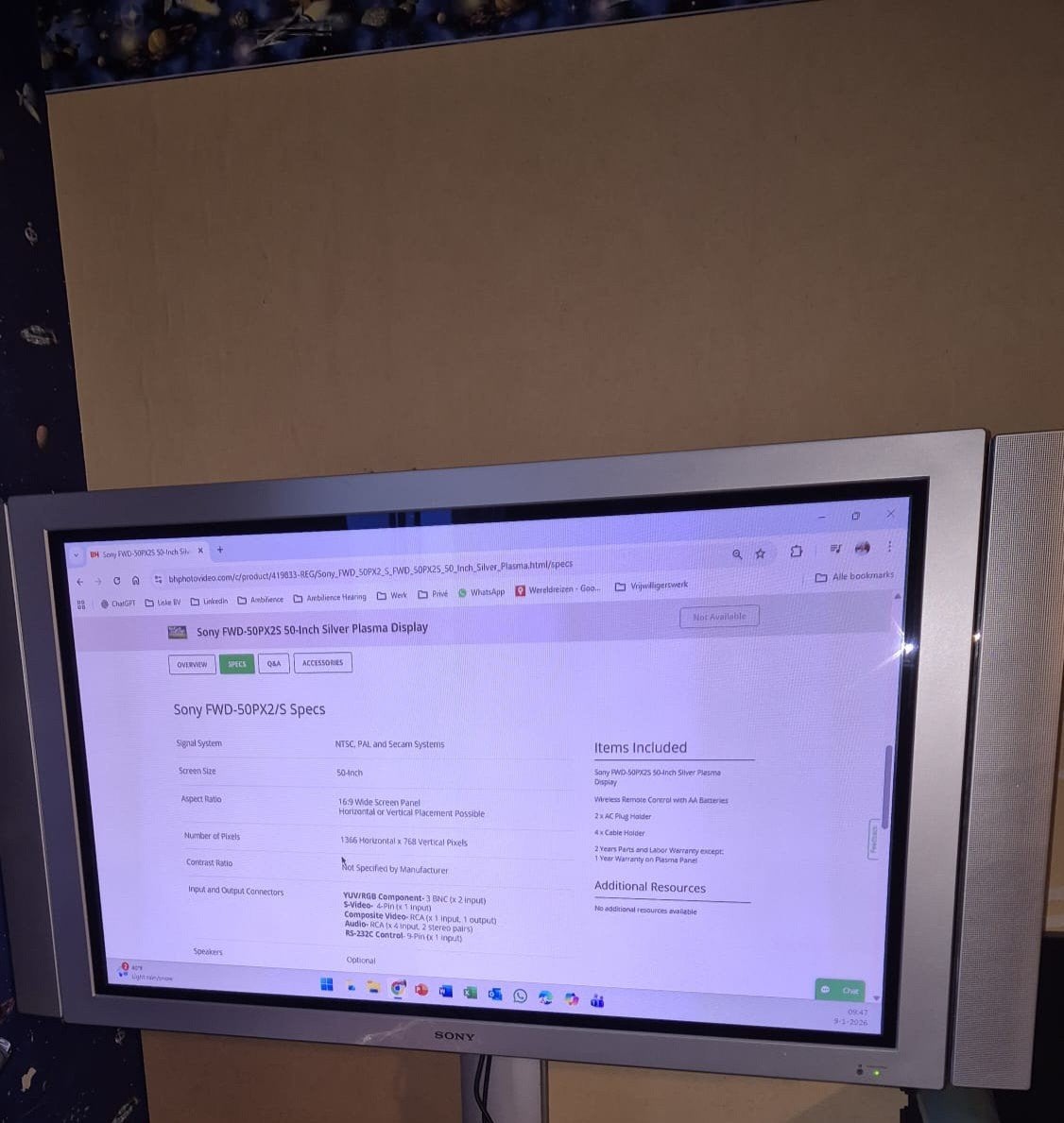 Sony plasma televisie tv zilver 50-inch op standaard, Ophalen, Gebruikt