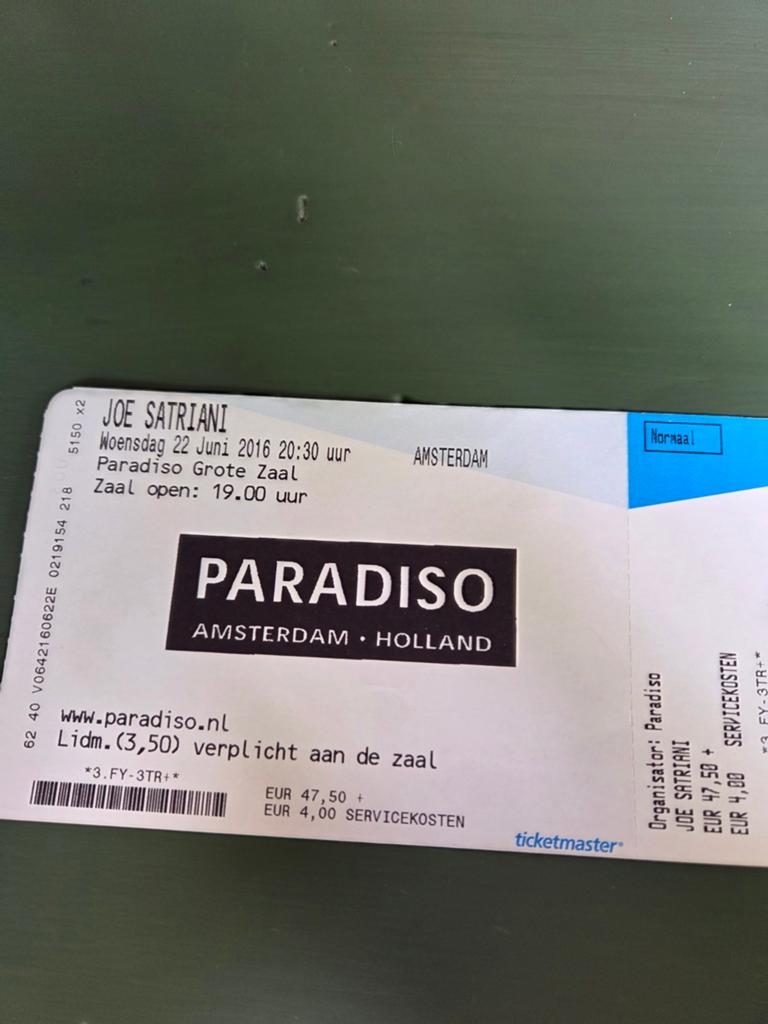 Concertkaart Joe Satriani Paradiso 2016, Ophalen of Verzenden, Zo goed als nieuw, Overige typen