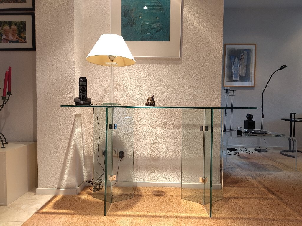 Unieke, smalle, glazen tafel, Ophalen, Gebruikt, Glas, 75 cm of meer