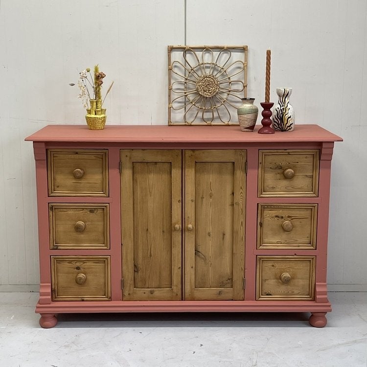Brocante ladekast dressoir restyle hout & peach krijtverf, Ophalen, Gebruikt, 5 laden of meer, Onbekend