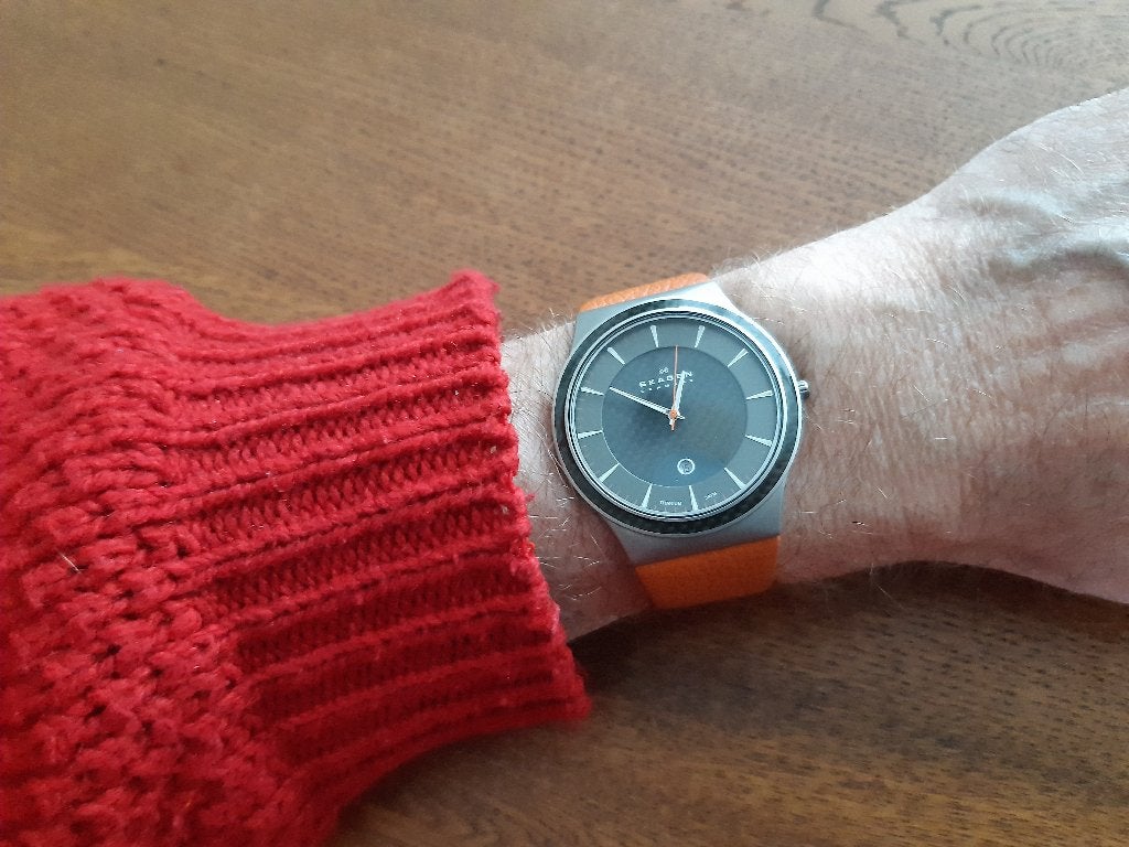 Heren horloge van het Deense merk Skagen, Overige merken, Overige materialen, Leer, Polshorloge