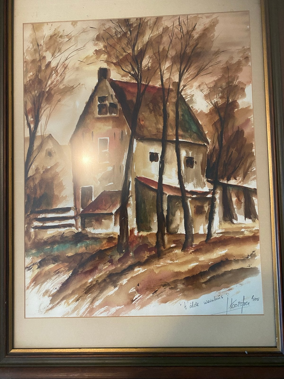 Aquarel 't Alde Weinhuis - Gesigneerd Kooistra., Antiek en Kunst, Achter glas, Realistisch, Ophalen of Verzenden, Aquarel