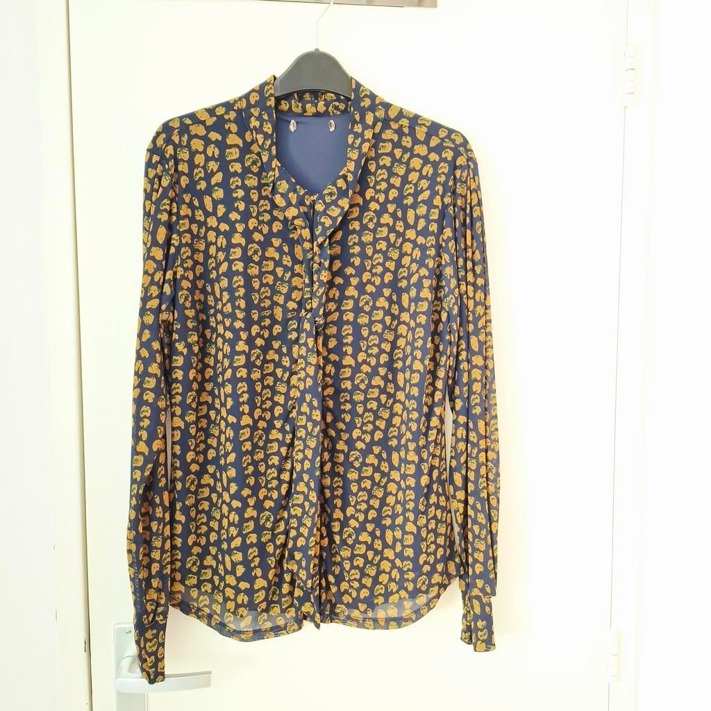 David & Alex, marineblauwe/bruine blouse met strik - maat L, Blauw, Maat 42/44 (L), Onbekend, Ophalen of Verzenden