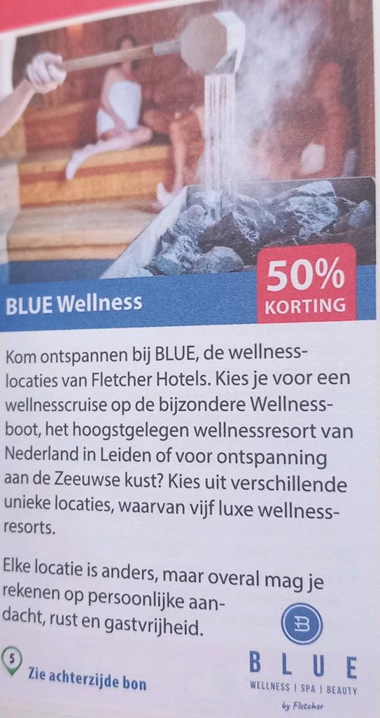 BLUE Wellness van fletcher 50% korting 2 personen., Twee personen, Kortingsbon, Spa of Sauna
