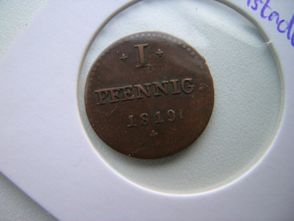 Pfennig 1819 Hessen Darmstadt (nr 1), Ophalen of Verzenden, Duitsland, Losse munt