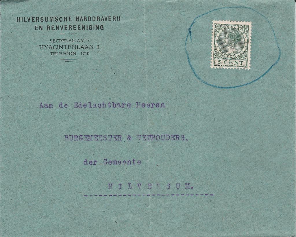 HILVERSUM 30er jaren Hilversumsche Harddraverij en Renvereen, Verzenden, 1920 tot 1940, Gelopen, Noord-Holland