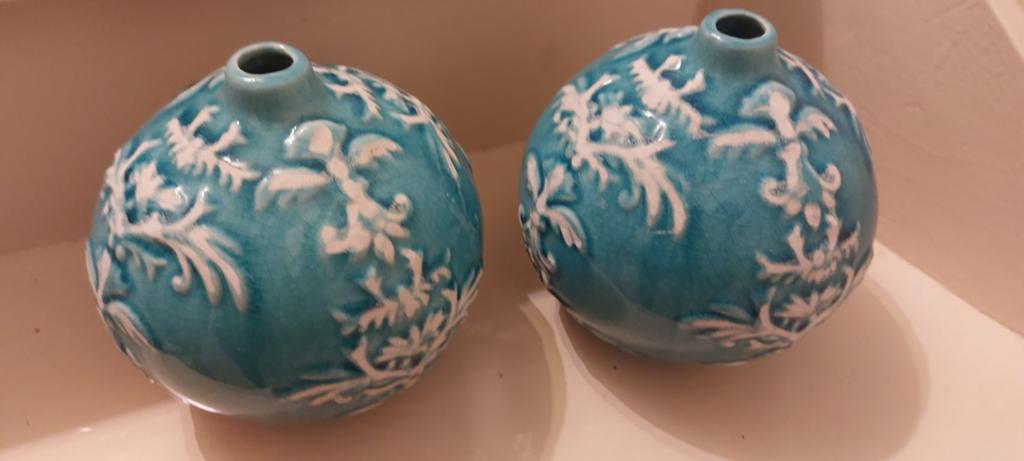 PTMD vazen 2×/turquoise bol/sierlijk/oosterse stijl, Ophalen of Verzenden, Blauw, Glas, Minder dan 50 cm