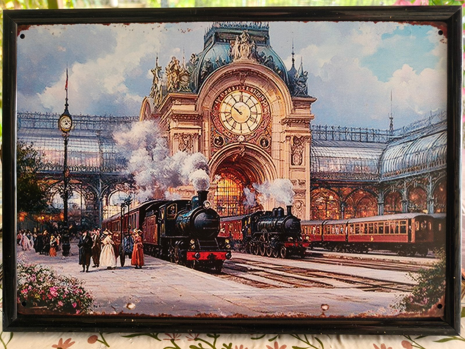 Vintage metalen bord treinstation met stoomlocomotieven, Ophalen of Verzenden