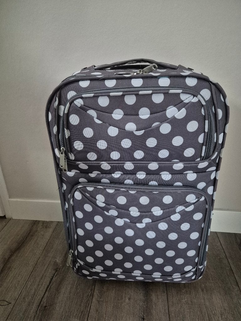 Grijze reiskoffer met witte stippen en wieltjes, 50 tot 60 cm, Ophalen of Verzenden, Zo goed als nieuw, 35 tot 45 cm