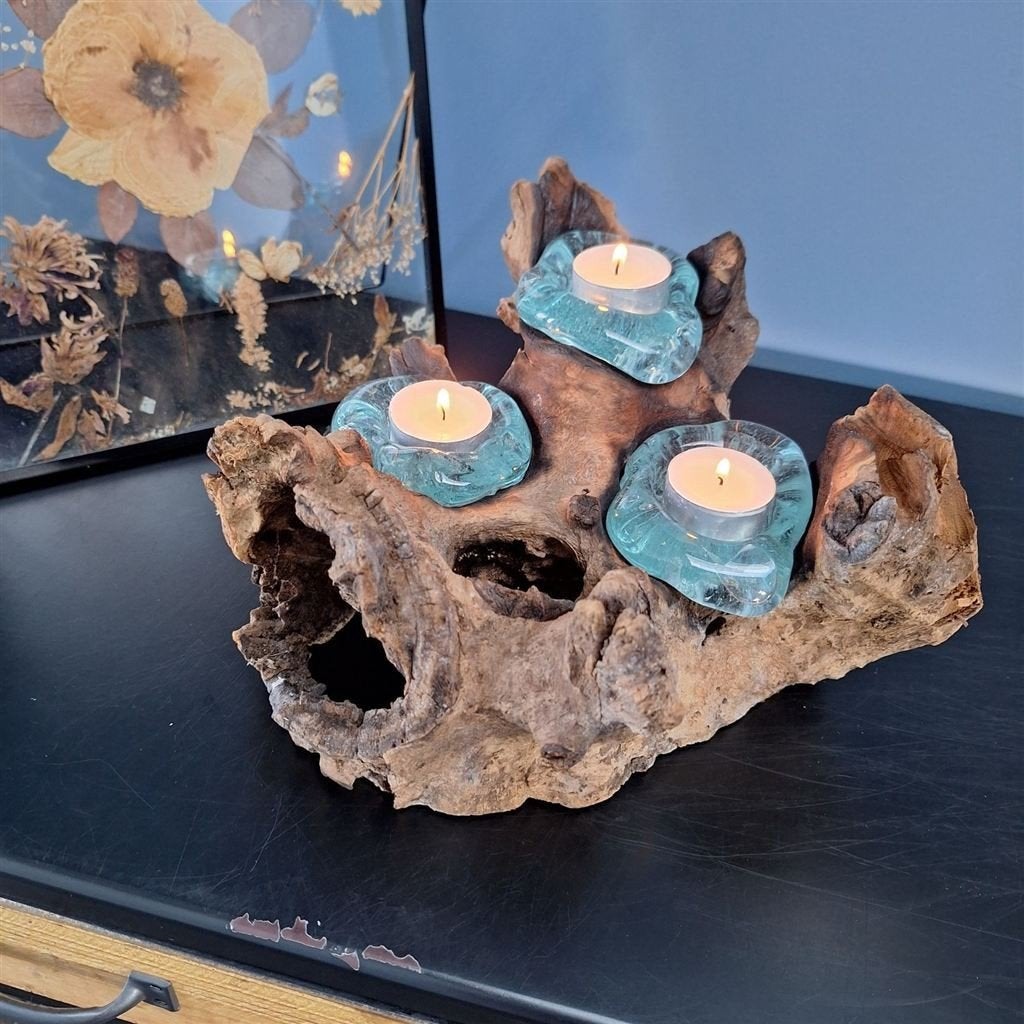 Theelichthouder van hout en glas 3x – tafelmodel, Ophalen of Verzenden, Nieuw, Overige materialen, Kandelaar