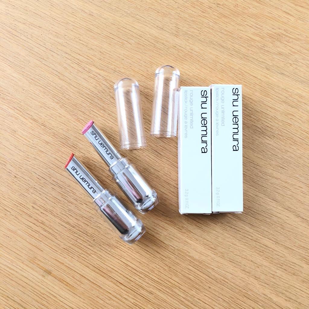 Shu Uemura rouge unlimited lipsticks MV245 + OR540, Ophalen of Verzenden, Gebruikt, Overige kleuren, Lippen