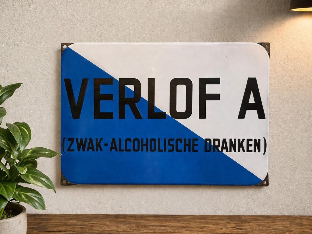 Origineel emaille bord VERLOF A – zwak-alcoholische dranken, Ophalen of Verzenden